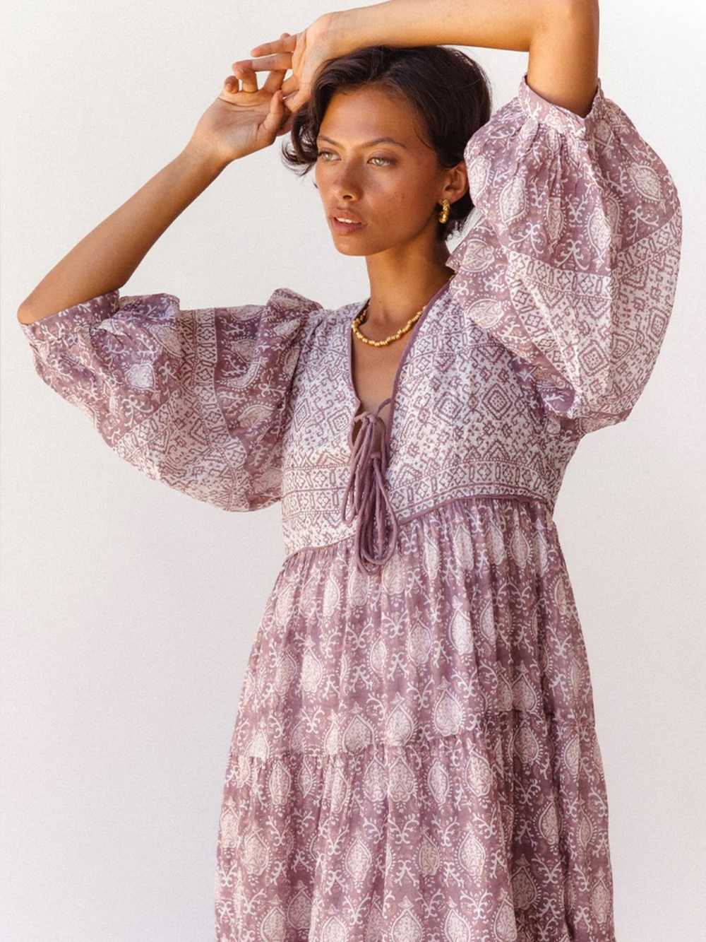 DAUGHTERS OF INDIA jasmine maxi dress lavender block print boho cotton size XL - Picture 4 of 13